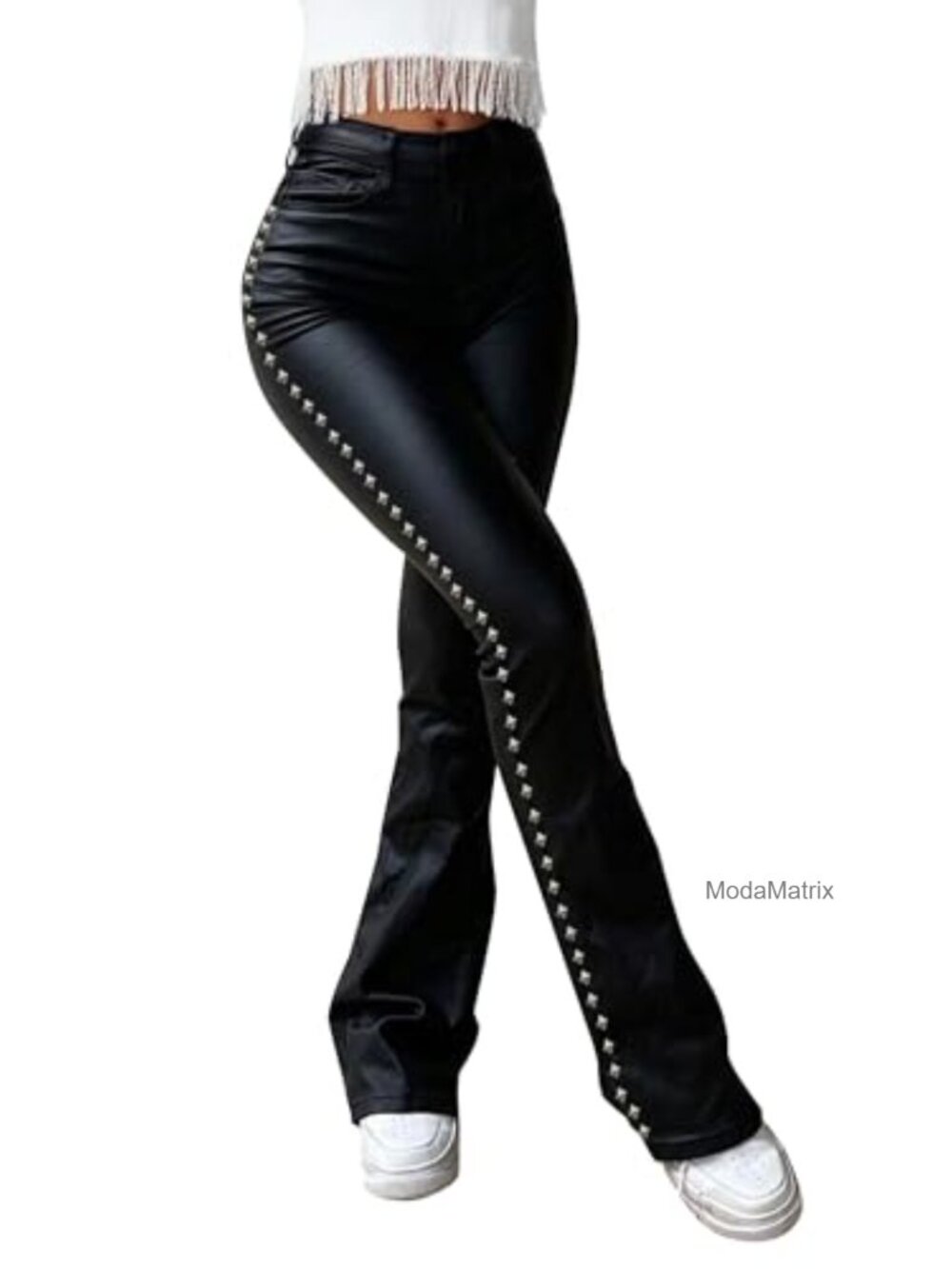 Faux Leather High Waisted Flare Pants Studded Bell Bottom Leggings